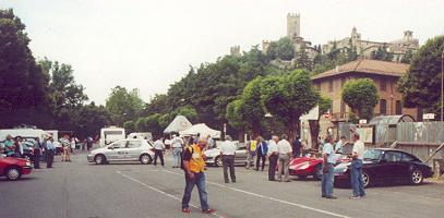 Scrutineering under the walls of the castle at Castell'Arquato